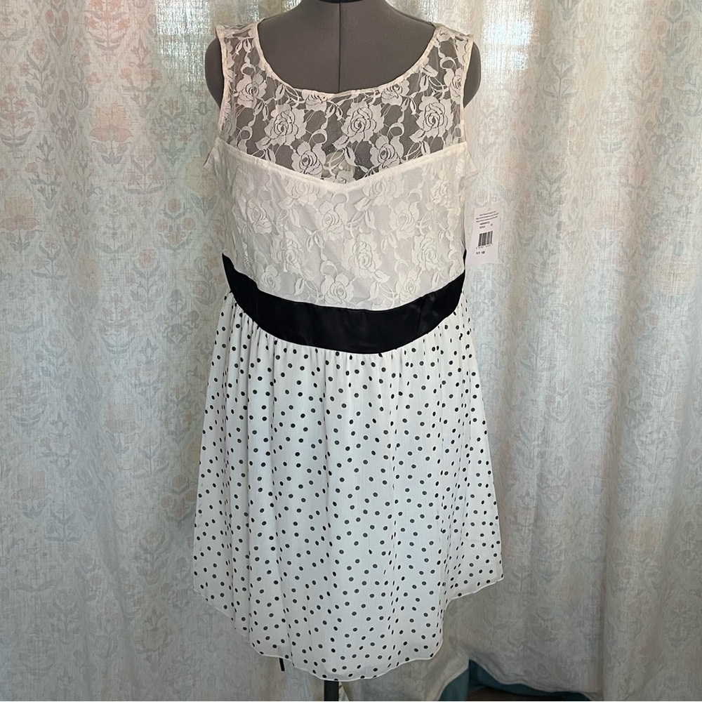 Trixxi White Lace & Black-Waist Polka Dot Midi Dress